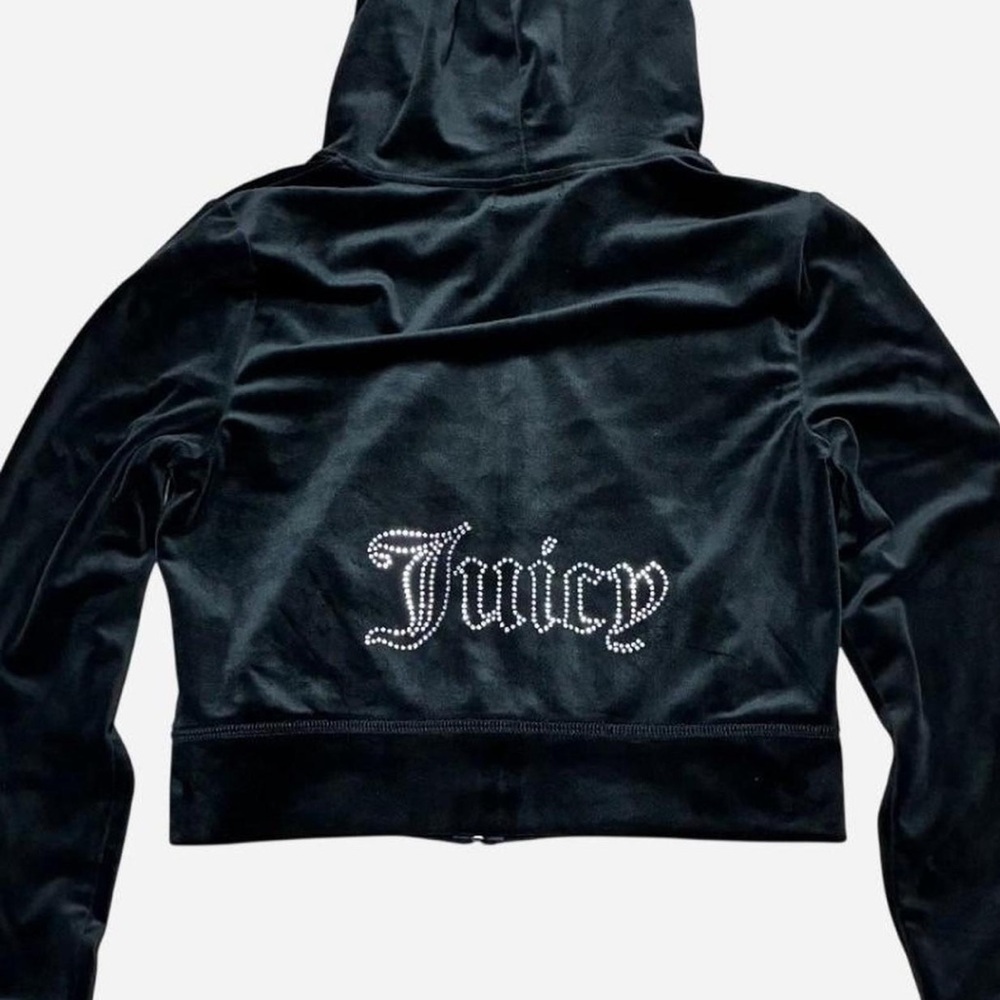 Juicy Couture Black Velour Rhinestone Logo Cropped Hoodie Size L